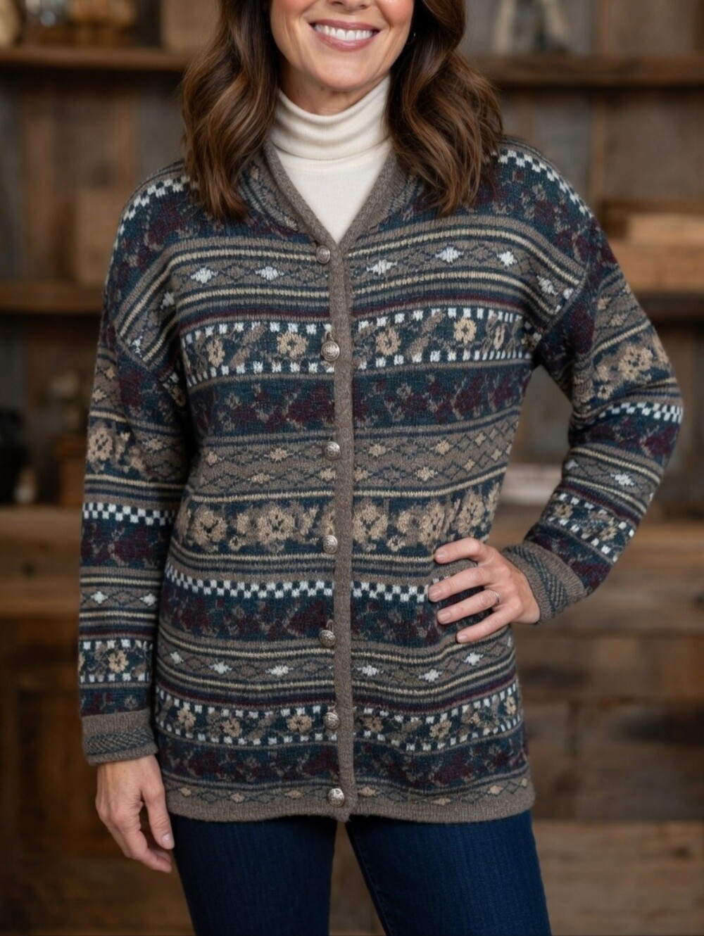 Vintage Y2K Brown Multi Color Patterned Knit Button-Up Cardigan Sweater Size S